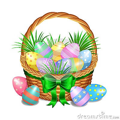 Easter basket with color painted easter eggs on white Vector Illustration