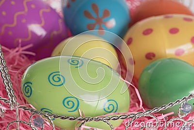 Easter Basket with Colorful Easter Eggs Stock Photo