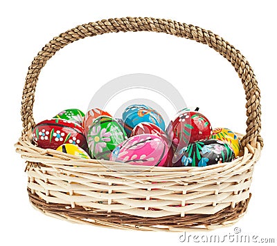 Easter basket with colorful eggs Stock Photo