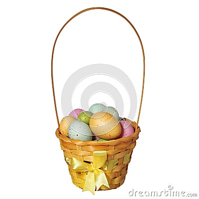 Easter basket with colorful eggs isolated Stock Photo