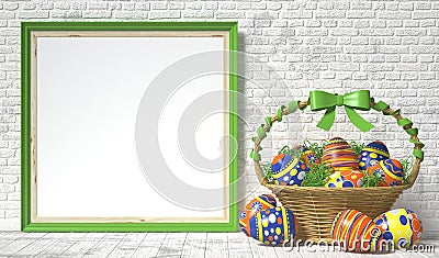 Easter basket with decorated eggs on white wooden background. Easter concept. 3D Cartoon Illustration