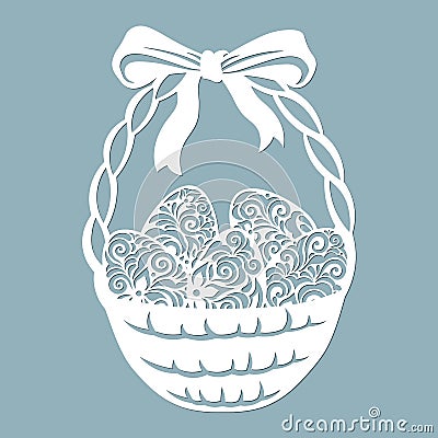 Easter basket with egg grass, leaves, flowers. Vector illustration. Easter eggs for Easter holidays. Paper sticker. Laser cut. Vector Illustration