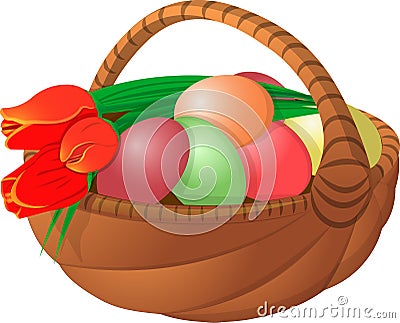 Easter basket with eggs and flower tulips. Vector Illustration