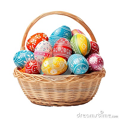 Easter basket filled with hand painted pastel Easter Eggs Stock Photo