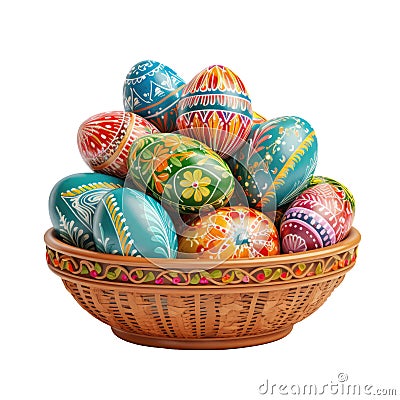 Easter basket filled with hand painted pastel Easter Eggs Stock Photo