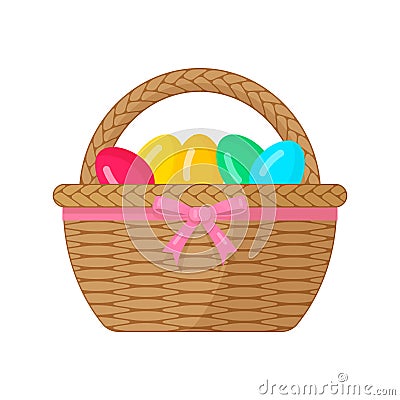 Easter basket with painted eggs tied with a pink bow. Vector Illustration