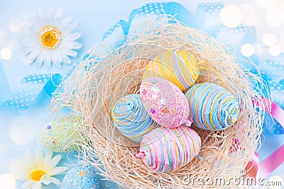 Easter. Beautiful colorful eggs with decorations Stock Photo