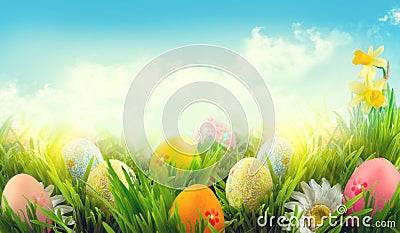 Easter. Beautiful colorful eggs in spring grass meadow Stock Photo