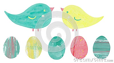 Easter birds and eggs. Cute abstract hand-drawn clip-art. In mixed media collage on paper. Elements isolated on white background. Stock Photo