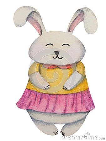 Easter or birthday bunny rabbit girl in dress. Cartoon Illustration