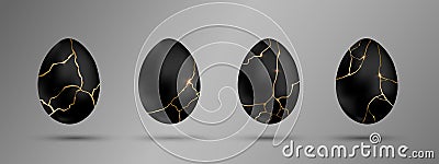 Easter black eggs set. Luxury eggs with different Kintsugi gold thin lines. Spring holiday. Realistic vector Vector Illustration