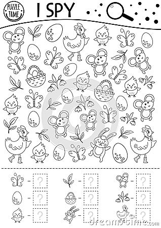 Easter black and white I spy game for kids. Outline searching and counting activity for preschool children with traditional Vector Illustration