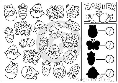 Easter black and white I spy and shadow match game for kids. Searching and counting activity with cute kawaii spring holiday Vector Illustration