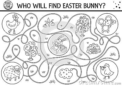 Easter black and white maze for children. Holiday preschool printable educational activity. Outline spring garden game or coloring Vector Illustration