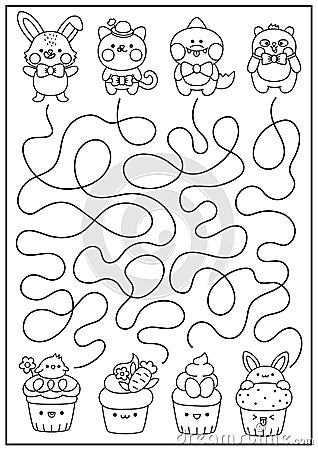 Easter black and white maze for kids. Spring holiday preschool printable activity with kawaii animals and cupcakes with eggs, Vector Illustration