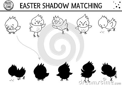 Easter black and white shadow matching activity for children with chickens. Outline spring puzzle with cute farm birds. Holiday Vector Illustration