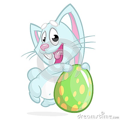 Easter blue bunny with easter colored egg. Vector illustration of a blue rabbit holding Easter colored egg Vector Illustration