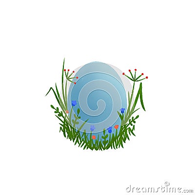 Easter blue egg hidden in the grass and flowers. Stock Photo