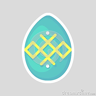 Easter blue egg isolated on a gray background with colored contrasting ornament of rhombus, line and points. Stock Photo