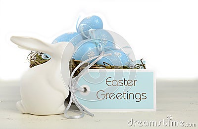 Easter Blue and White Theme Table With Bunny Stock Photo