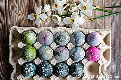 Easter. Boiled Easter eggs painted in the style of cosmos and a distant galaxy, Stock Photo