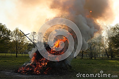 Easter bonfire in Spreewald Region, Lower Lusatia, Germany. Editorial Stock Photo