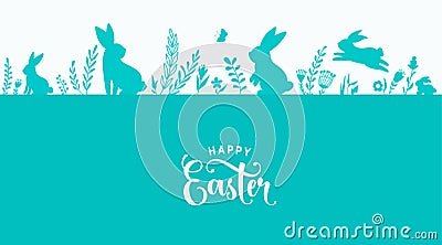 Easter border design vector illustration. Holiday pattern with blue bunnies, flowers, plants, butterfly silhouettes Vector Illustration