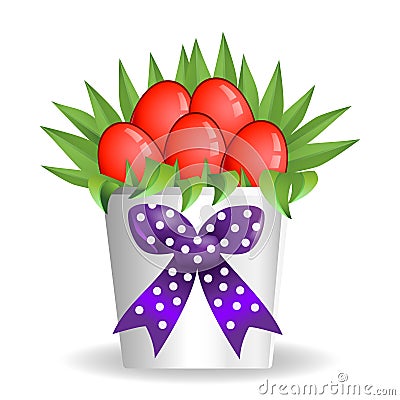 Easter bouquet box vase present with red eggs Stock Photo