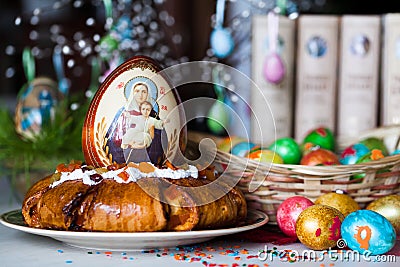 Easter bread and eggs Stock Photo