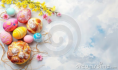 Easter bread with painted eggs on blue background. Backdrop for holiday greetings Stock Photo