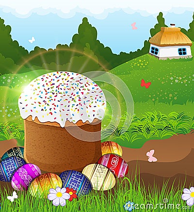 Easter bread and painted eggs on the meadow. Vector Illustration