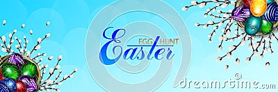 Easter bright banner. Egg hunting. Easter eggs in bird nests with willow twigs. Stock Photo