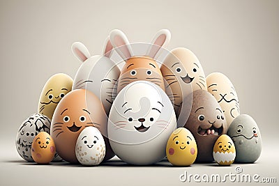 Easter bright cartoon colored eggs with smiles and rabbit ears, Generative AI Stock Photo