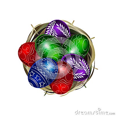 Easter bright painted eggs in a nest or basket Stock Photo