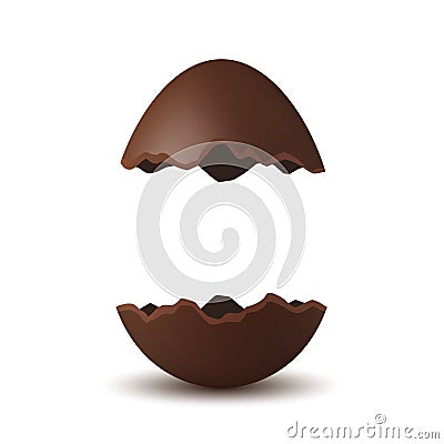 Easter broken egg 3d. Chocolate brown open egg, isolated white background. Traditional sweet candy dessert, decoration Vector Illustration
