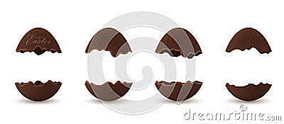 Easter broken egg 3d. Chocolate brown open eggs set isolated white background. Traditional sweet candy dessert Vector Illustration