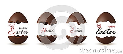 Easter broken egg 3d. Chocolate brown open eggs set isolated white background. Traditional sweet candy dessert Vector Illustration