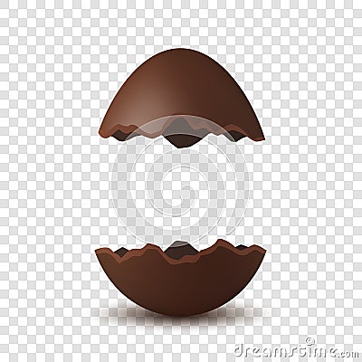 Easter broken egg 3d. Chocolate brown open egg, isolated white transparent background. Traditional sweet candy dessert Vector Illustration