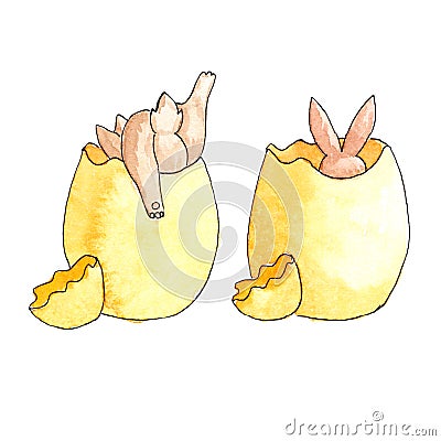 Easter brown bunny climbs into a broken yellow egg watercolor Stock Photo