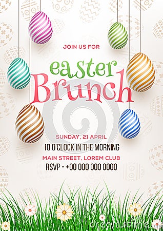 Easter Brunch invitation card design, illustration of colourful easter eggs. Cartoon Illustration