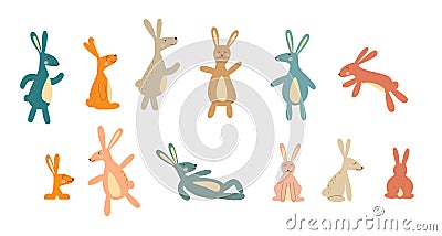 Easter bunnies colorful collection. Rabbits with different poses. Egg hunt concept. Isolated vector stock illustration Vector Illustration