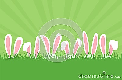 Easter bunnies ears in row in grass, cartoon rabbits ears border. Easter eggs hunt. Cute holiday background. Spring illustration Vector Illustration