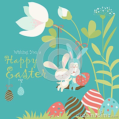 Easter bunnies and easter egg Vector Illustration