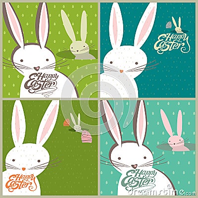 Easter bunnies, Easter eggs. Four greeting card. Stock Photo