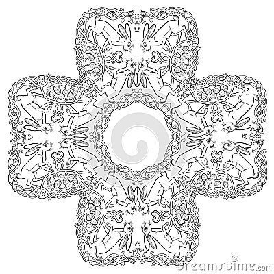 Easter bunnies and eggs in cross form mandala Vector Illustration