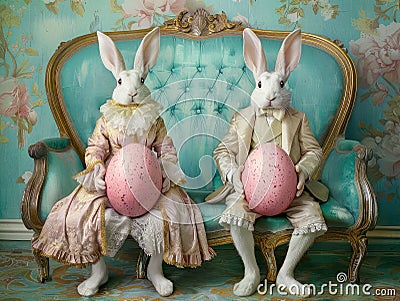 Easter bunnies with eggs on vintage French-style settee. Whimsical Easter scene with white rabbits Stock Photo
