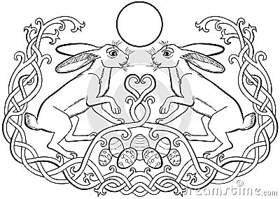 Easter bunnies pair and eggs Celtic ornaments Vector Illustration