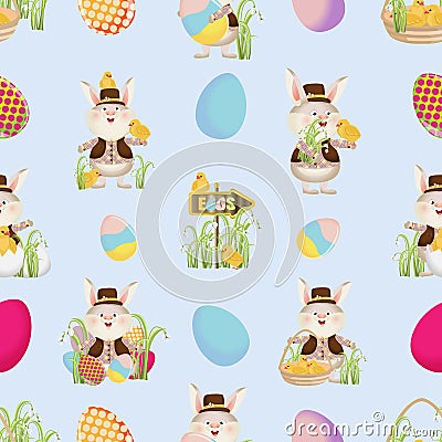 Easter bunnies in shirts, vests and hats, chickens, eggs, pointers and grass. Seamless pattern Vector Illustration