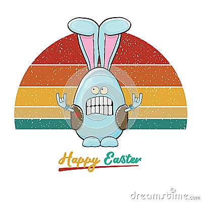 Easter bunny badass and funny cartoon character with bunny ears isolated on vitnage sun. rock n roll easter party poster Vector Illustration