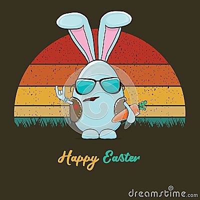 Easter bunny badass and funny cartoon character with bunny ears isolated on vitnage sun background. rock n roll easter Vector Illustration